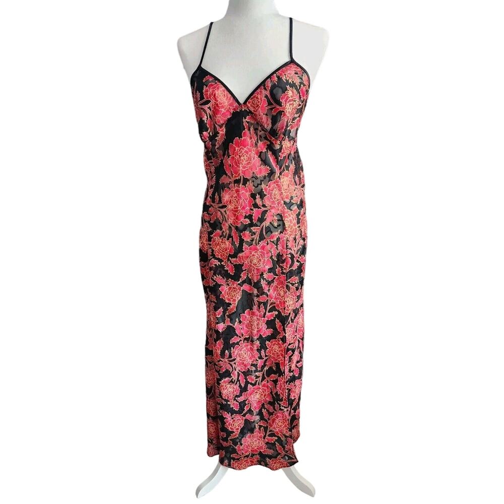 Vtg Victoria’s Secret Gold Label Maxi Slit Slip L Red Floral Asian Burnout